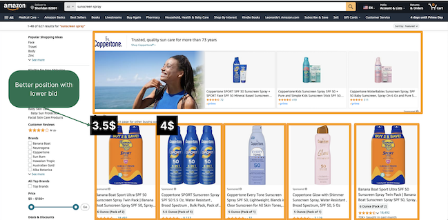 Amazon home page with bid in better position